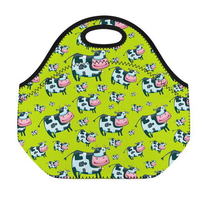 Cartoon Smiley Cow Pattern Print Neoprene Lunch Bag