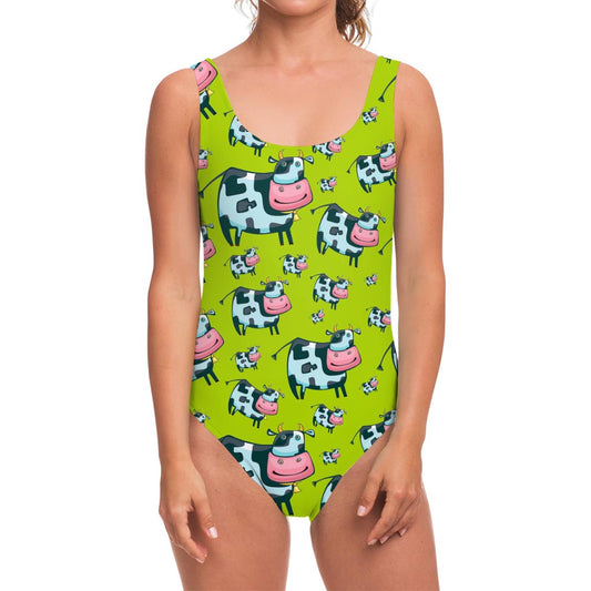 Cartoon Smiley Cow Pattern Print One Piece Swimsuit