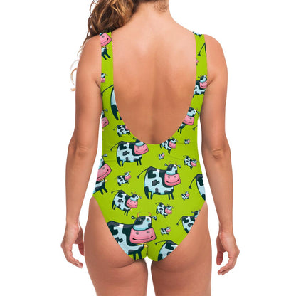 Cartoon Smiley Cow Pattern Print One Piece Swimsuit