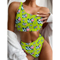 Cartoon Smiley Cow Pattern Print One Shoulder Bikini Set