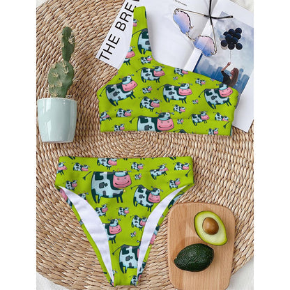 Cartoon Smiley Cow Pattern Print One Shoulder Bikini Top