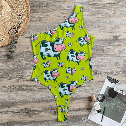 Cartoon Smiley Cow Pattern Print One Shoulder Bodysuit