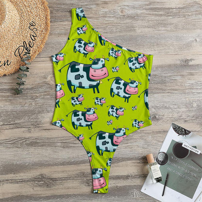 Cartoon Smiley Cow Pattern Print One Shoulder Bodysuit
