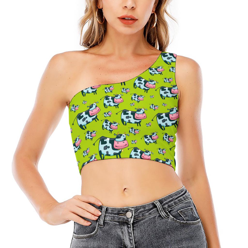 Cartoon Smiley Cow Pattern Print One Shoulder Crop Top