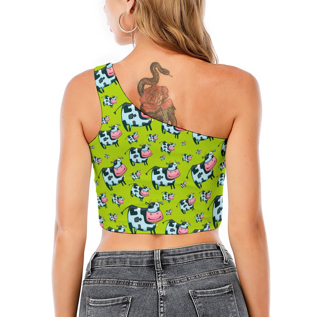 Cartoon Smiley Cow Pattern Print One Shoulder Crop Top