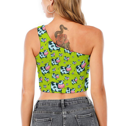 Cartoon Smiley Cow Pattern Print One Shoulder Crop Top