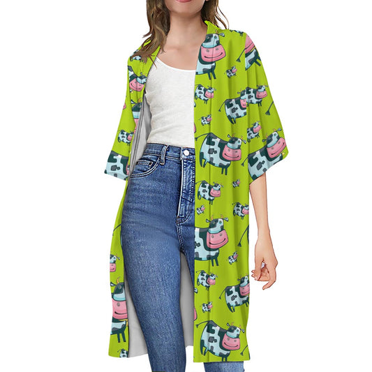 Cartoon Smiley Cow Pattern Print Open Front Beach Cover Up