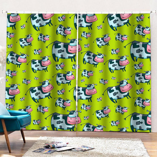 Cartoon Smiley Cow Pattern Print Pencil Pleat Curtains