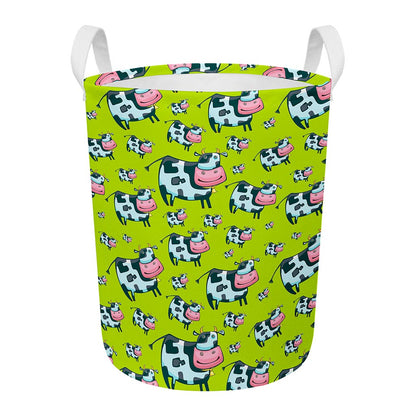 Cartoon Smiley Cow Pattern Print Round Laundry Basket