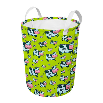 Cartoon Smiley Cow Pattern Print Round Laundry Basket