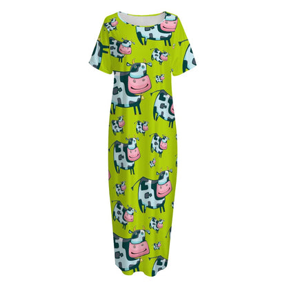 Cartoon Smiley Cow Pattern Print Short Sleeve Long Nightdress