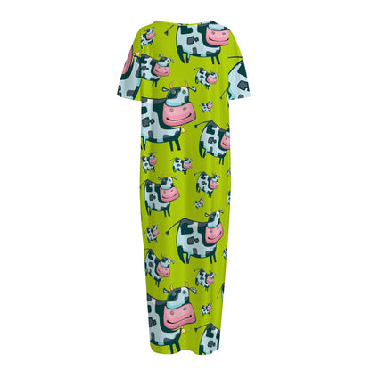 Cartoon Smiley Cow Pattern Print Short Sleeve Long Nightdress