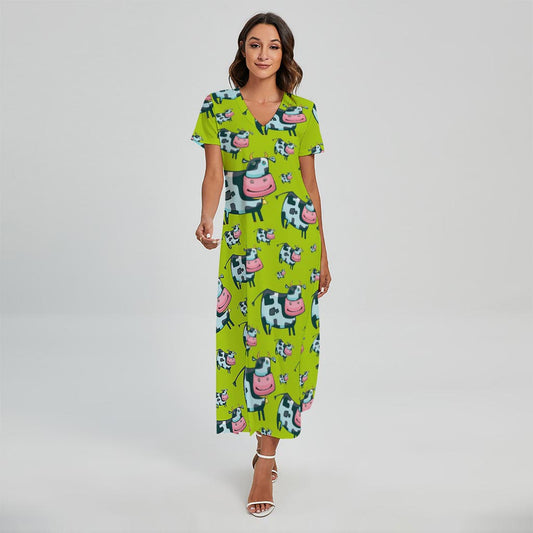 Cartoon Smiley Cow Pattern Print Short Sleeve Maxi Dress
