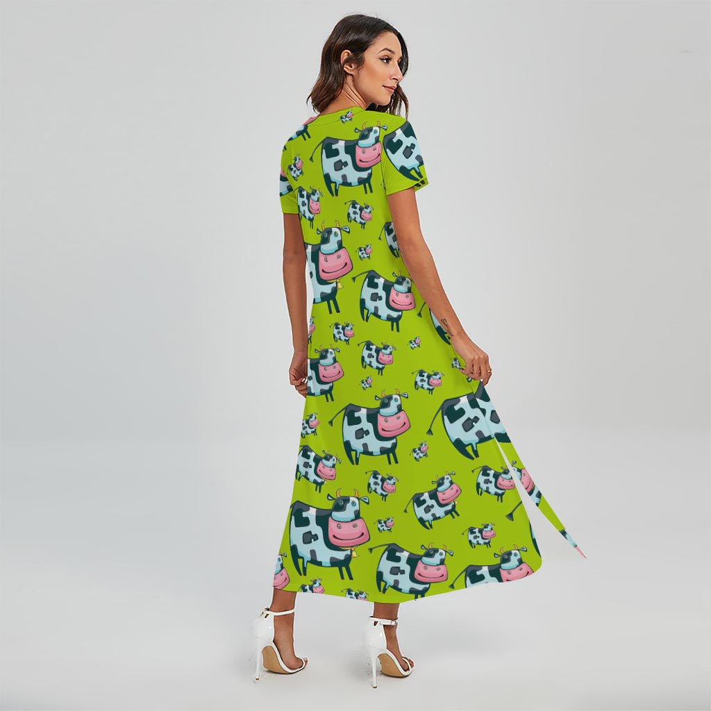 Cartoon Smiley Cow Pattern Print Short Sleeve Maxi Dress