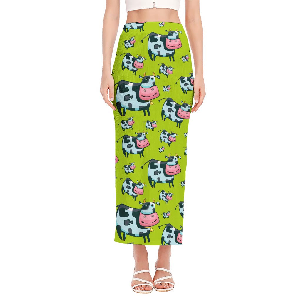 Cartoon Smiley Cow Pattern Print Side Slit Maxi Skirt