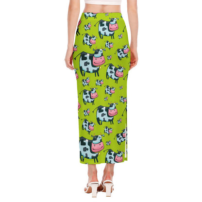 Cartoon Smiley Cow Pattern Print Side Slit Maxi Skirt