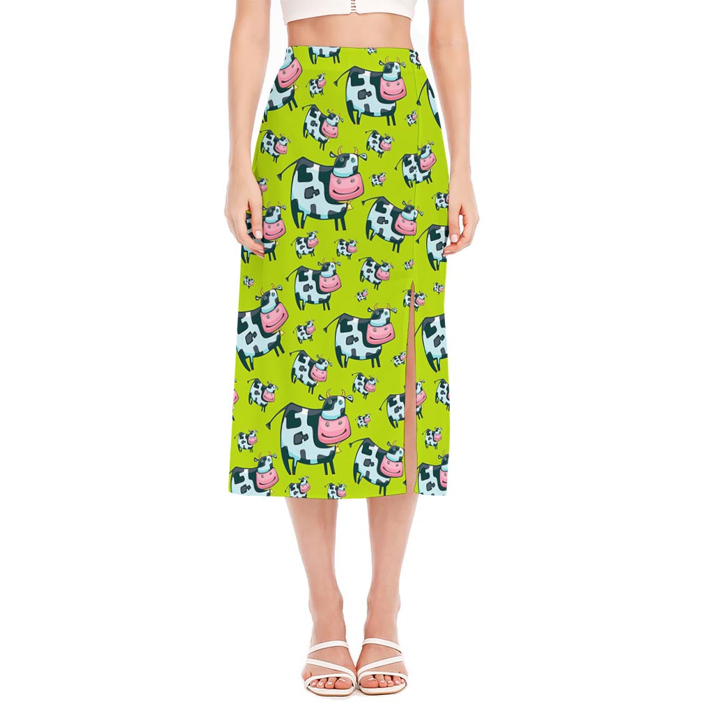 Cartoon Smiley Cow Pattern Print Side Slit Midi Skirt