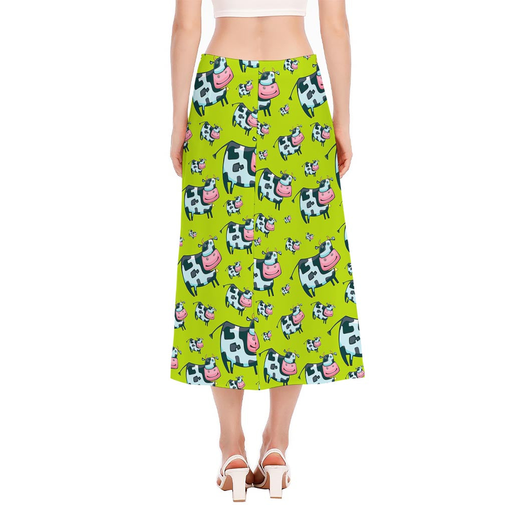 Cartoon Smiley Cow Pattern Print Side Slit Midi Skirt