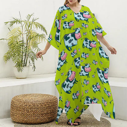 Cartoon Smiley Cow Pattern Print Silk V-Neck Kaftan Dress