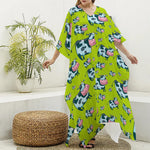 Cartoon Smiley Cow Pattern Print Silk V-Neck Kaftan Dress