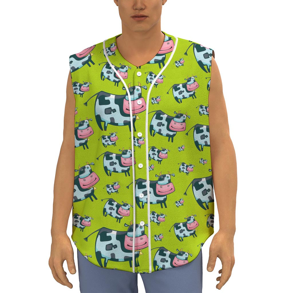 Cartoon Smiley Cow Pattern Print Sleeveless Baseball Jersey