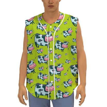 Cartoon Smiley Cow Pattern Print Sleeveless Baseball Jersey