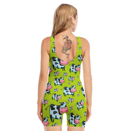 Cartoon Smiley Cow Pattern Print Sleeveless One Piece Swimsuit