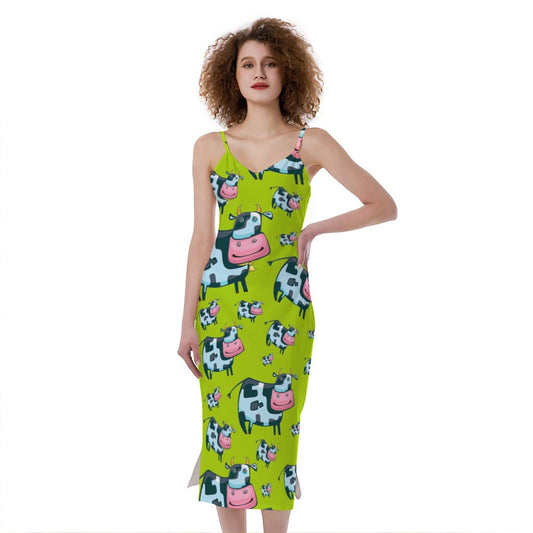 Cartoon Smiley Cow Pattern Print Slim Fit Midi Cami Dress
