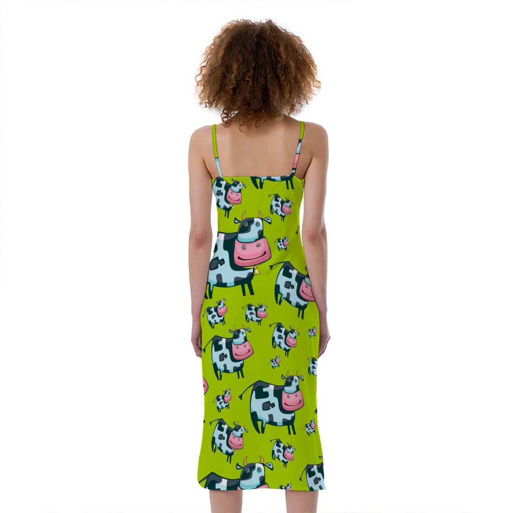 Cartoon Smiley Cow Pattern Print Slim Fit Midi Cami Dress