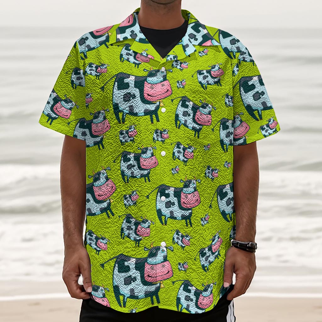 Cartoon Smiley Cow Pattern Print Textured Short Sleeve Shirt