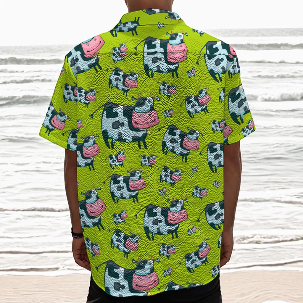 Cartoon Smiley Cow Pattern Print Textured Short Sleeve Shirt