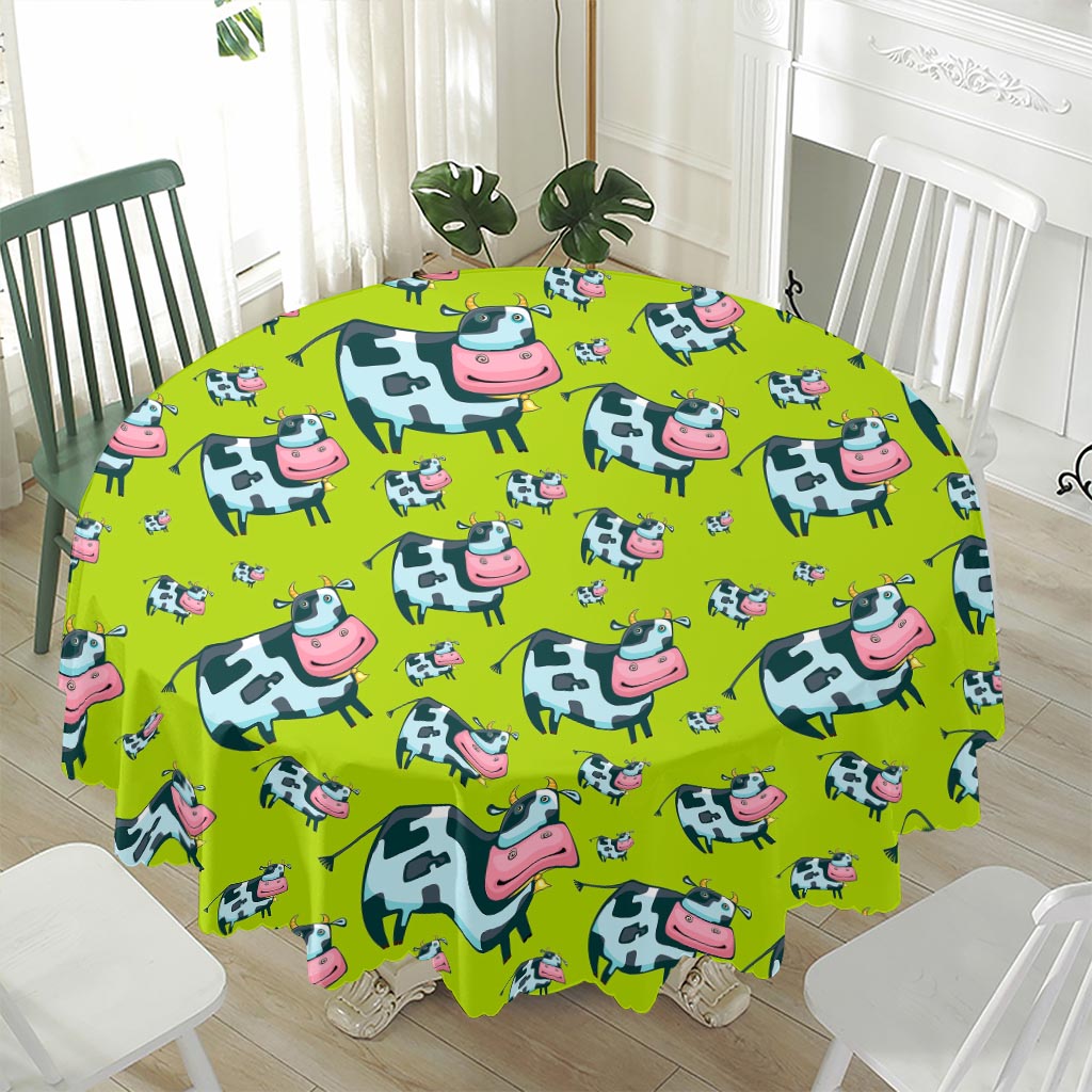 Cartoon Smiley Cow Pattern Print Waterproof Round Tablecloth