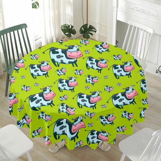 Cartoon Smiley Cow Pattern Print Waterproof Round Tablecloth