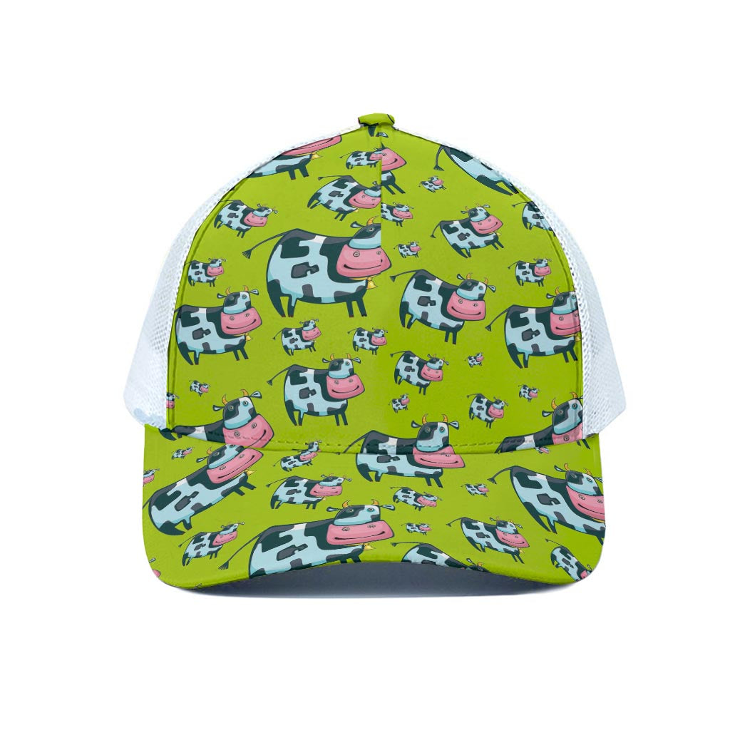 Cartoon Smiley Cow Pattern Print White Mesh Trucker Cap
