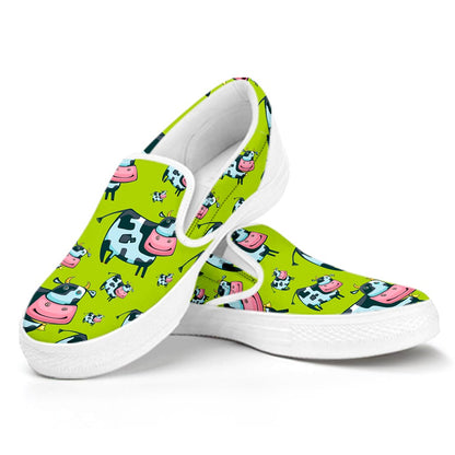 Cartoon Smiley Cow Pattern Print White Slip On Sneakers