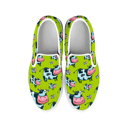 Cartoon Smiley Cow Pattern Print White Slip On Sneakers