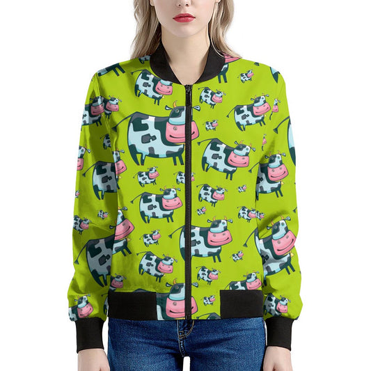 Cartoon Smiley Cow Pattern Print Women's Bomber Jacket