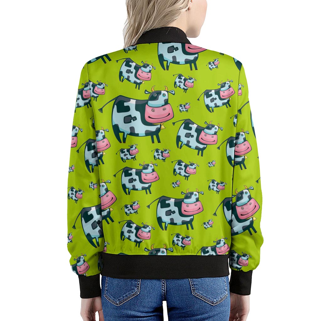 Cartoon Smiley Cow Pattern Print Women's Bomber Jacket