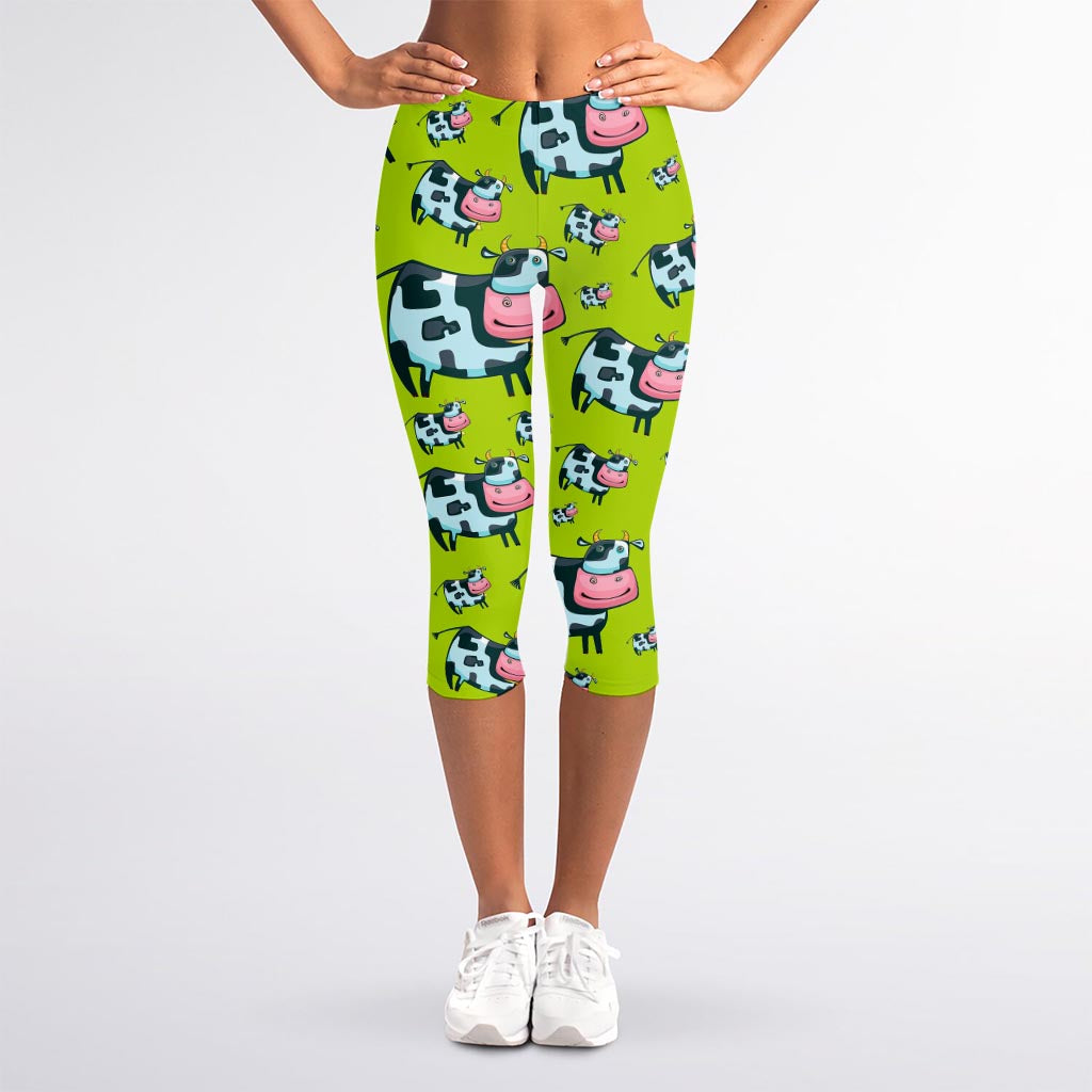Cartoon Smiley Cow Pattern Print Women's Capri Leggings