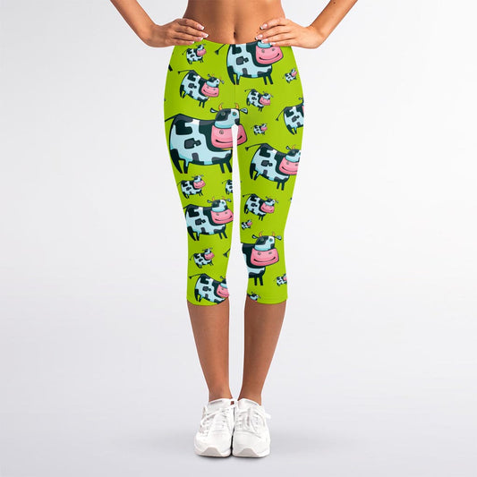 Cartoon Smiley Cow Pattern Print Women's Capri Leggings