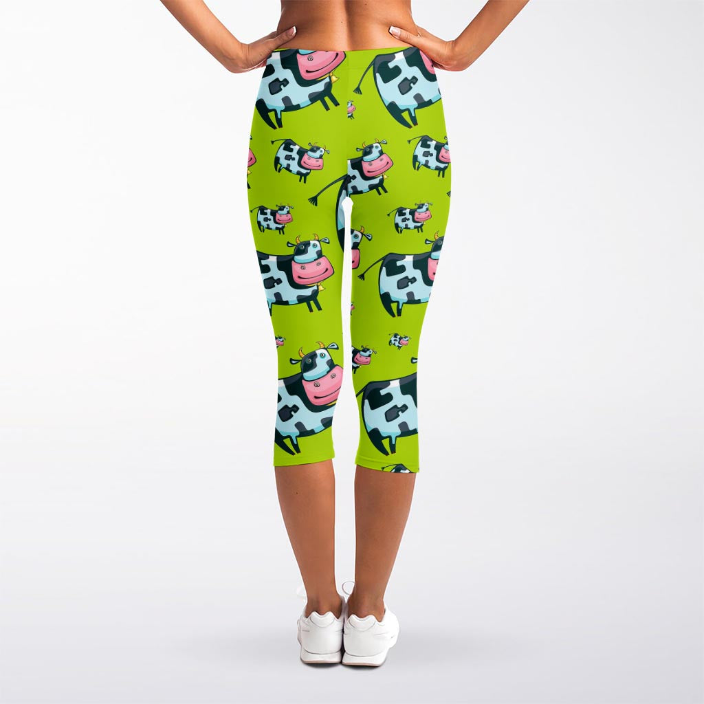 Cartoon Smiley Cow Pattern Print Women's Capri Leggings