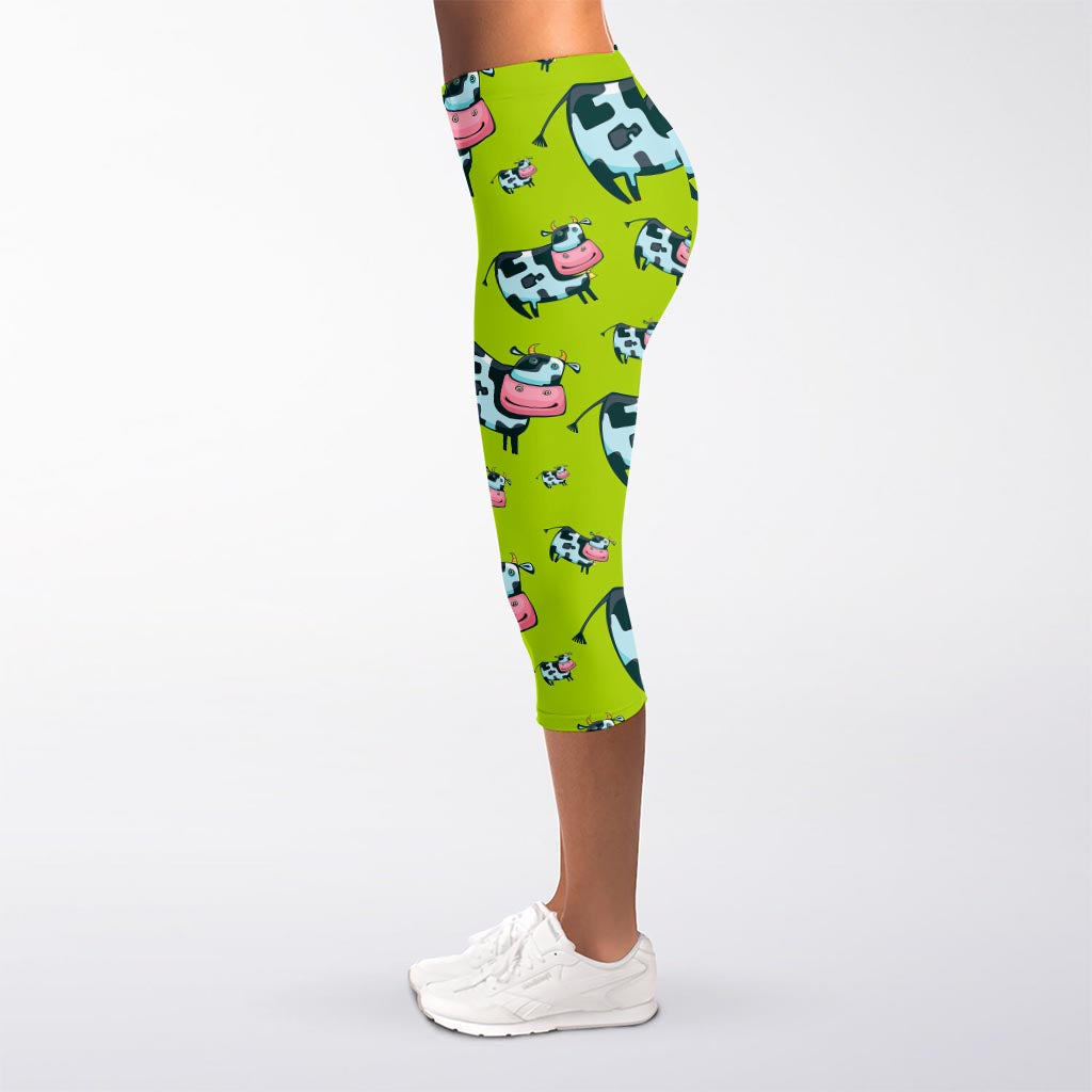 Cartoon Smiley Cow Pattern Print Women's Capri Leggings
