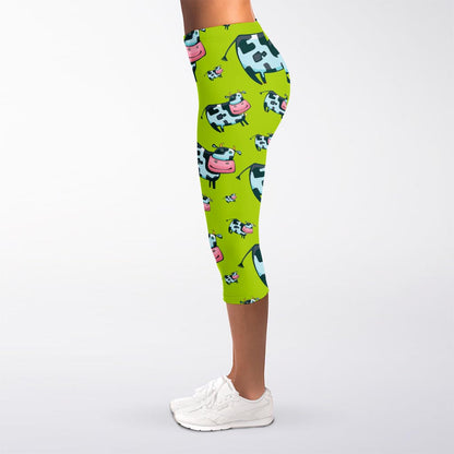 Cartoon Smiley Cow Pattern Print Women's Capri Leggings