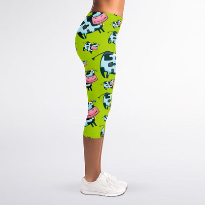 Cartoon Smiley Cow Pattern Print Women's Capri Leggings
