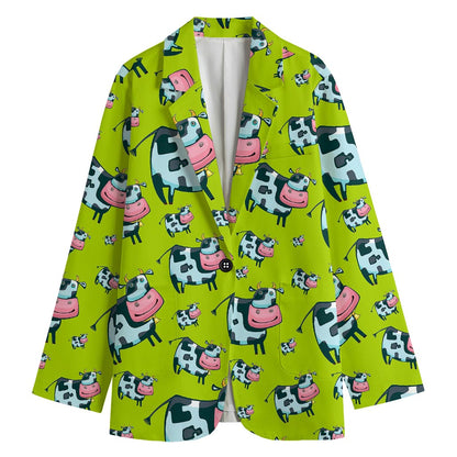 Cartoon Smiley Cow Pattern Print Women's Cotton Blazer