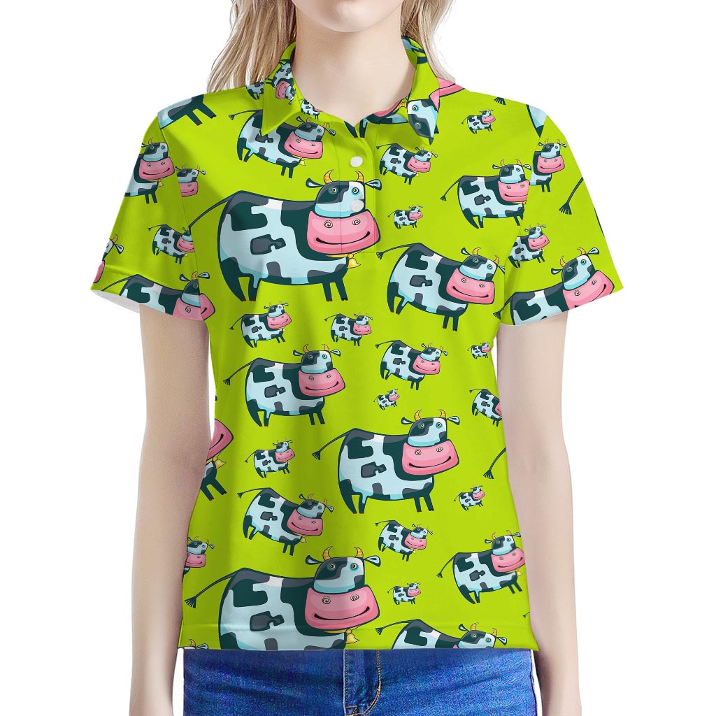 Cartoon Smiley Cow Pattern Print Women's Polo Shirt