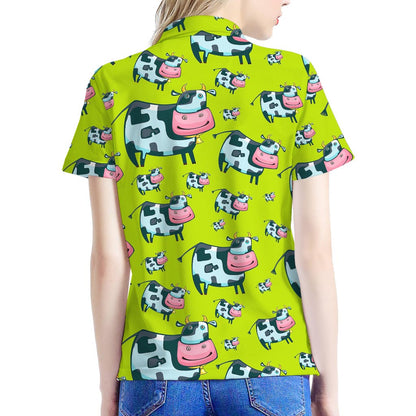 Cartoon Smiley Cow Pattern Print Women's Polo Shirt