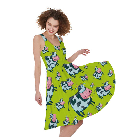 Cartoon Smiley Cow Pattern Print Women's Sleeveless Dress