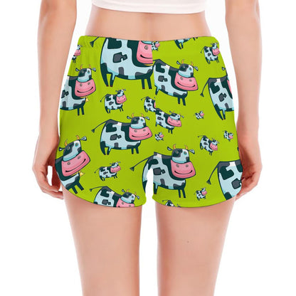 Cartoon Smiley Cow Pattern Print Women's Split Running Shorts