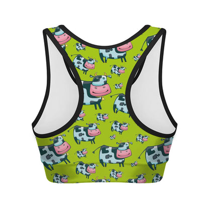 Cartoon Smiley Cow Pattern Print Women's Sports Bra